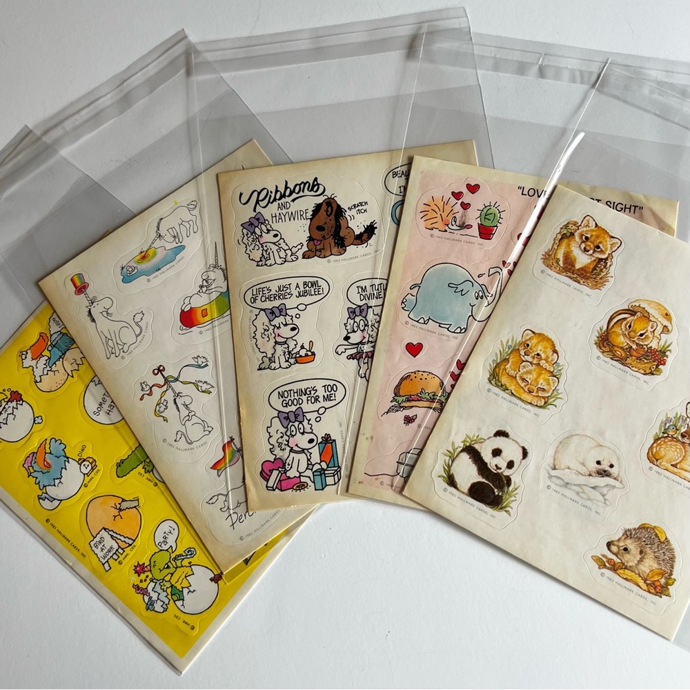 1983 Hallmark Sticker Sheets Baby Animals Unicorns Vintage Stickers 5 piece Lot